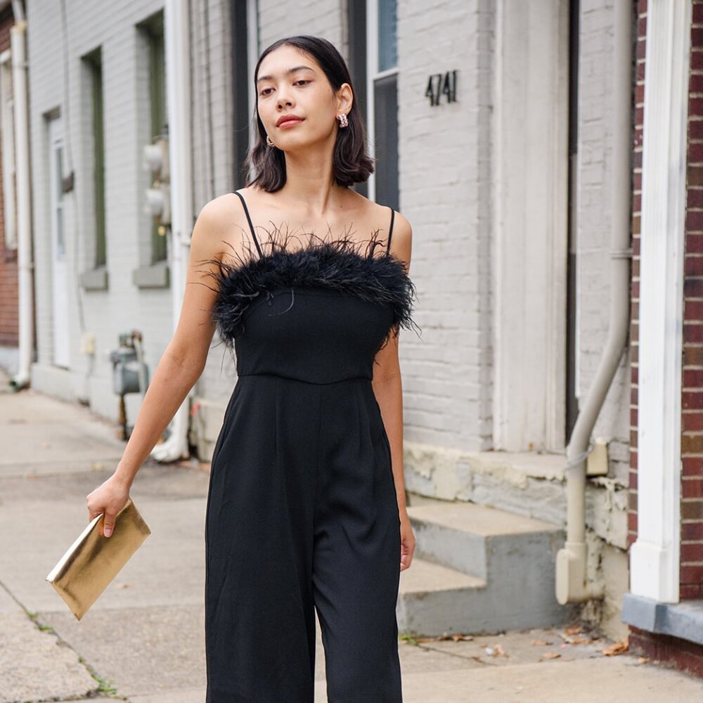 Elliatt Black Feather Trim Jumpsuit